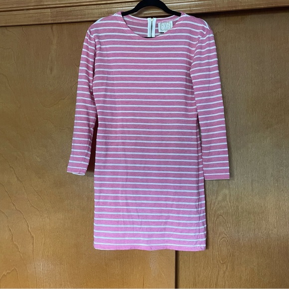Sail to Sable Jetting to Jetties Pink Striped Knit 3/4 Sleeve Mini Dress Preppy - Picture 2 of 8